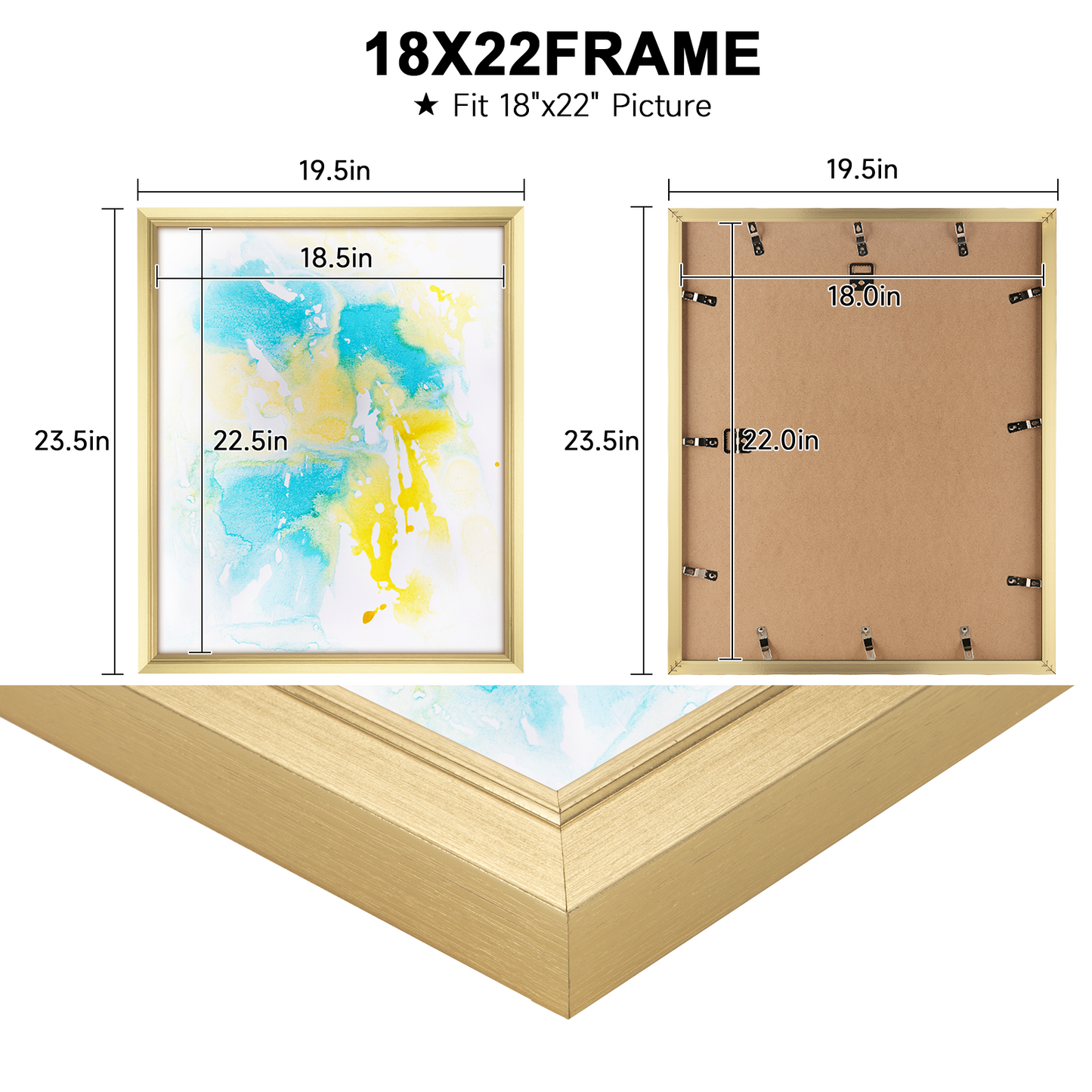 GULETHUN 18x22 Picture Frame, Gold Poster Frame, Home Decor Natural Gallery Frames, Horizontal or Vertical Format, Sturdy, Plexiglass, Large Wall Decor, for Photos, Artworks, Posters